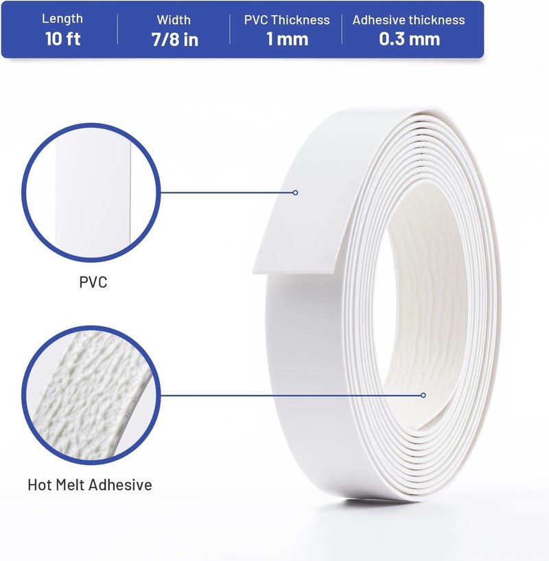 FAKILO PVC Edge Banding 7/8 inch x 10 ft Veneer Edge Banding White with Hot Melt Adhesive Pre - glued Iron on Edging Tape Trim for Cabinet Plywood Repairs and Furniture Restoration - Image 2